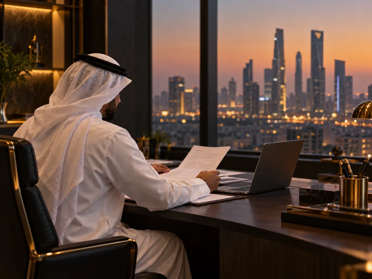 رجل أعمال سعودي يراجع مستندات العمل في مكتب حديث